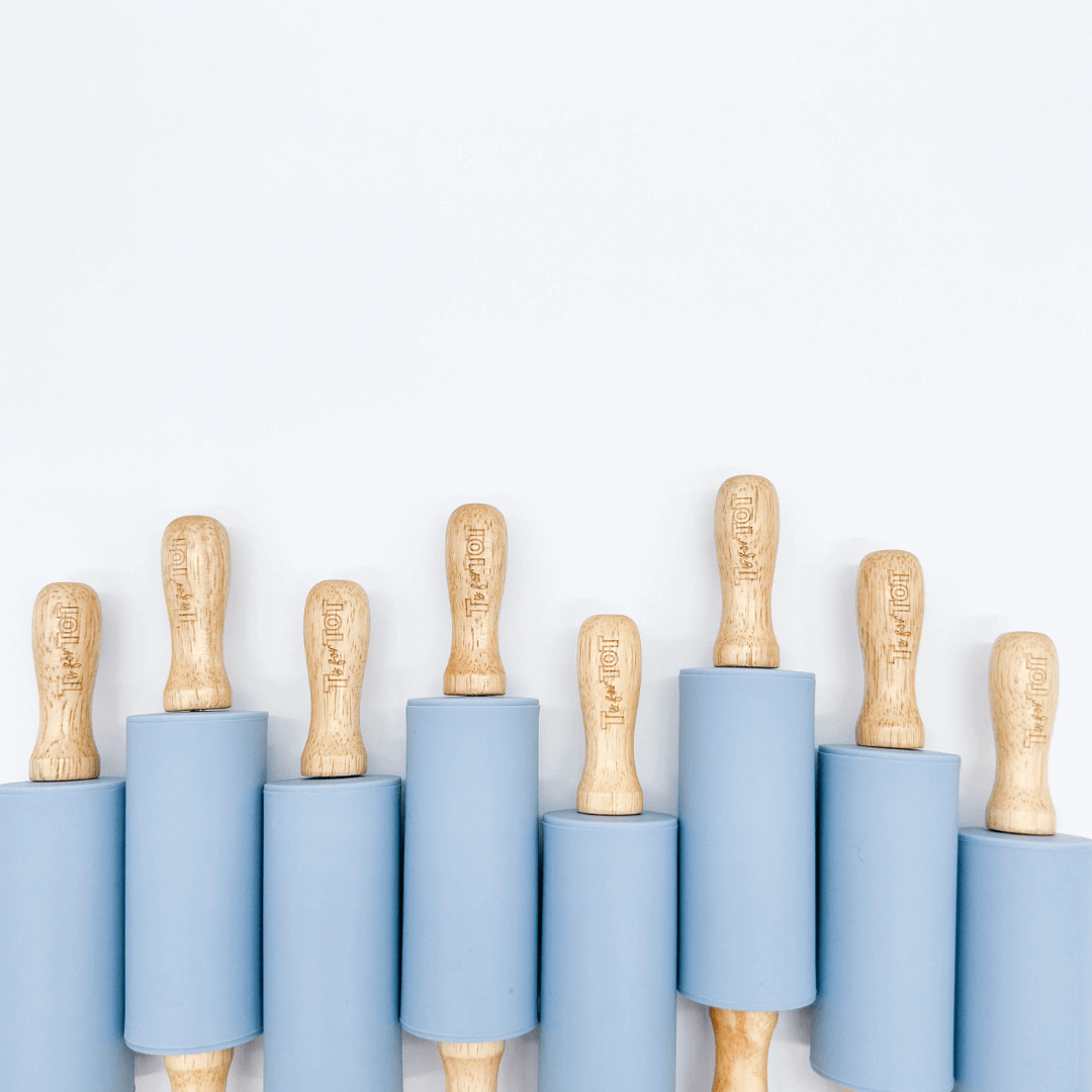 Custom silicone playdough roller, perfect for little hands. Designed to be used with T is for Tot playdough for rolling out and creating imaginative designs. Ideal for play-based creativity and learning.